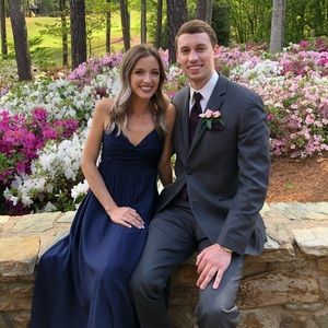 Navy blue midi length spaghetti strap linen dress